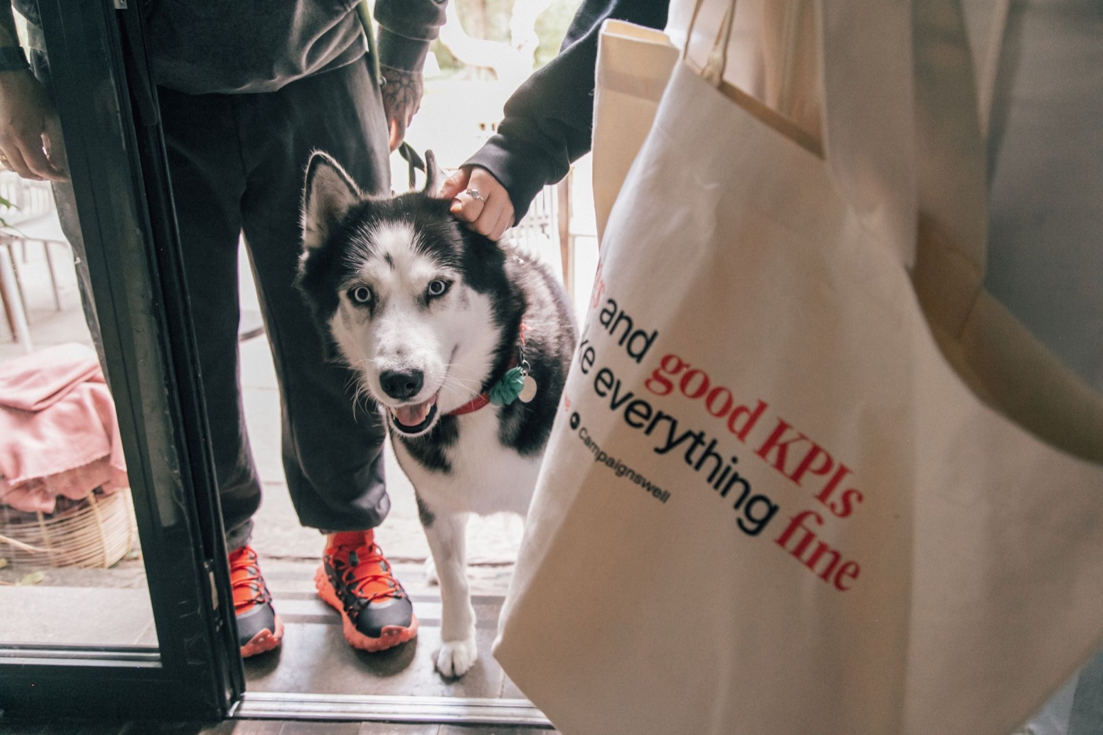 Woof & Scale meetup guest with a Campaignswell tote